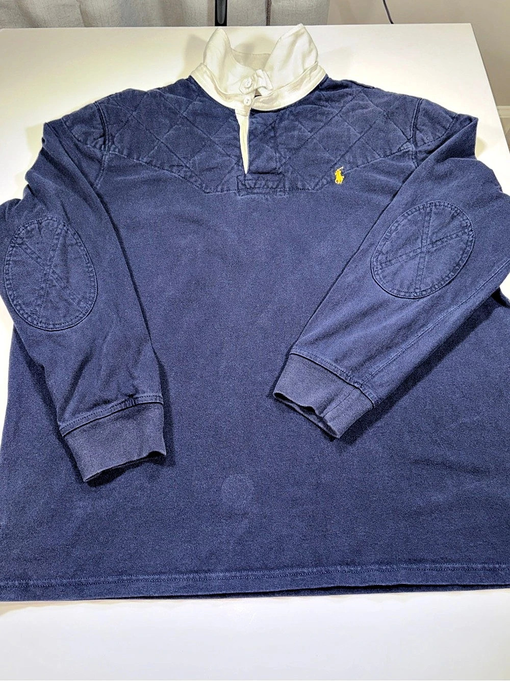Vintage Polo Ralph Lauren Quilted Shoulder and Elbow Patch Rugby Shirt Blue
